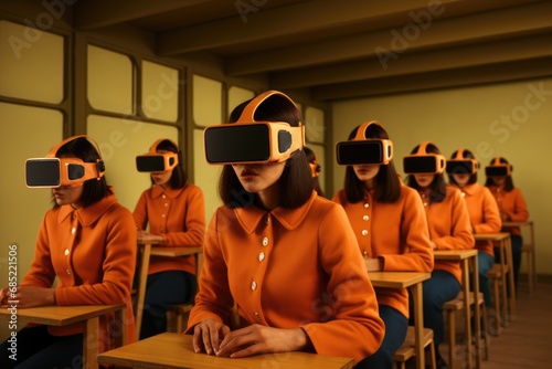 retrofuturism, students their heads adorned with sleek and futuristic helmets