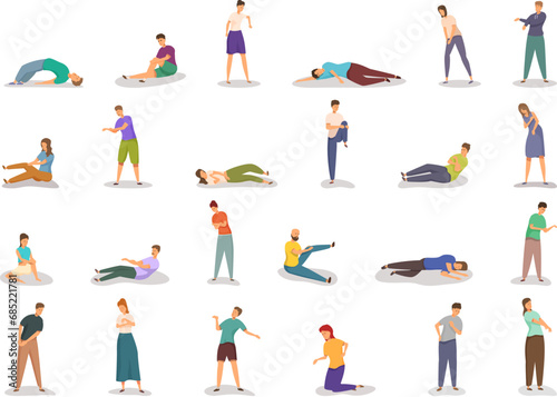 Convulsions icons set cartoon vector. Medical woman aid. Injury medicine pain