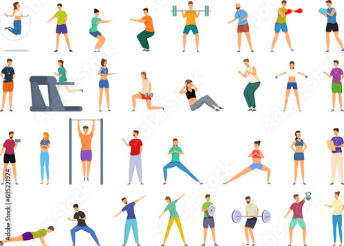 Fitness coaching training icons set cartoon vector. Gym coach. Person sport instructor photo