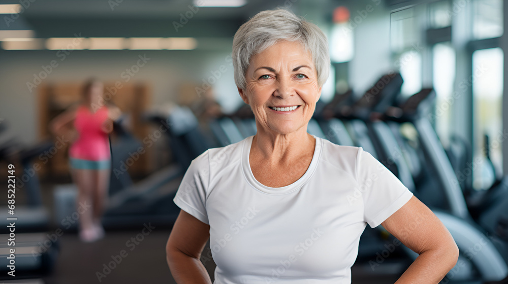 senior healthy woman in gym, gym trainer, healthy old lady
