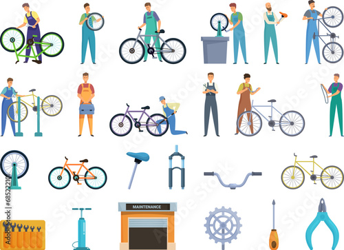 Bicycle repair and maintenance shop icons set cartoon vector. Bike service. Mechanic equipment garage
