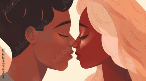 Close-up illustration of a romantic kiss shared between lovers, highlighting the concept of love, intimacy, and deep human connection, captured in warm hues, evoking deep emotions of love and passion