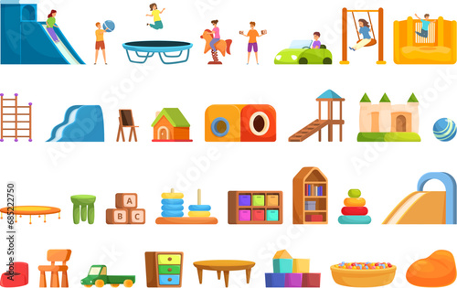 Children playroom icons set cartoon vector. Slide play area. Chair furniture house