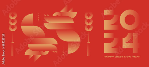 Chinese New Year greeting banner. Year of the Dragon vector illustration. Minimal geometric design.