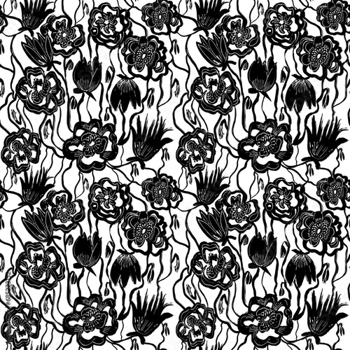 Vector seamless pattern  black abstract flowers tulips and piones . Botanical ink illustration with floral motif. Tulips and piones painted by brush. Hand drawn for fabric, wrapping paper, wallpaper d