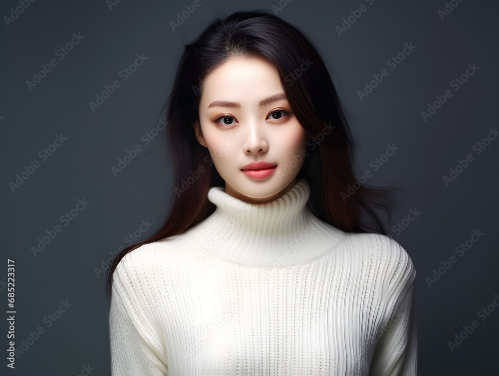 Stylish young woman in a cozy white turtleneck sweater posing confidently for a portrait in natural light Generative AI Stylish young woman in a cozy white turtleneck sweater posing confidently for a portrait in natural light Generative AI