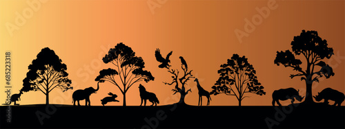African safari vector illustration, captivating silhouette art of wild animals, trees against a vibrant sunset. Ideal for travel, tourism, nature. Features elephant, bear, giraffe, rabbit, rhino