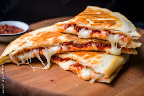 Delicious and Savory Quesadilla Stack with Aromatic Arafy Cheese and Fresh Tomatoes on a Wooden Cutting Board Generative AI