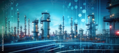 Oil and gas power plant refinery, a futuristic industrial complex building with storage tank facilities for oil production or petrochemical plant infrastructure photo