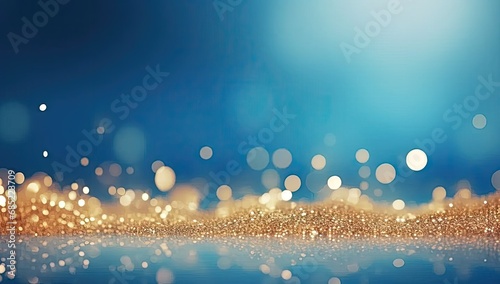 Golden glittering confetti on blue background, sparkling gold dust
