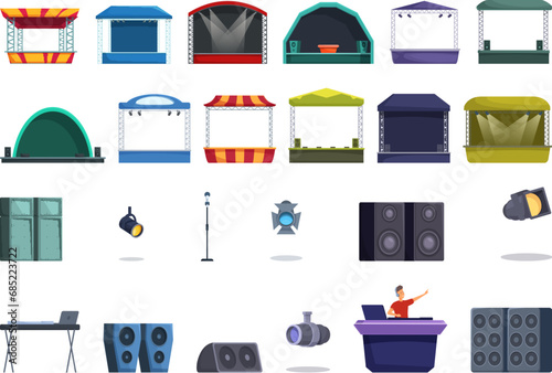 Outdoor music festival stage icons set cartoon vector. Park concert. Rock air dance