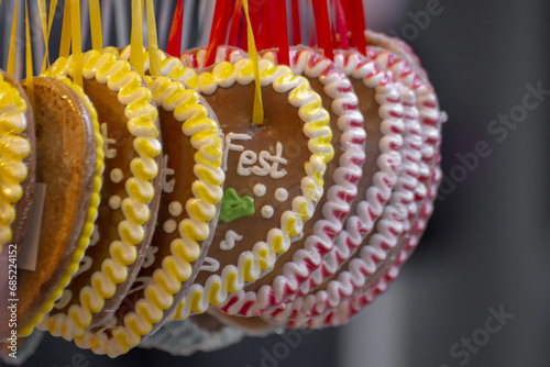 Gingerbread hearts at a folk festival with German words photo