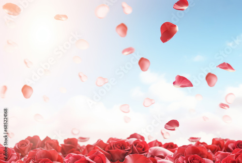 Red and pink rose petals floating in the sky - Valentine's day concept, copyspace valentines day love background © OpticalDesign