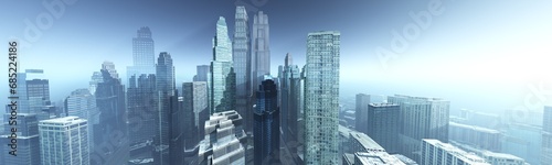 Cityscape panorama, modern city with skyscrapers in the rays of the setting sun, 3D rendering © ustas