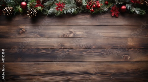 Wooden board empty table christmas background with christmas tree and decorations  AI generated illustration