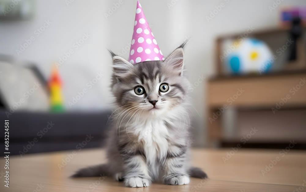 Adorable Little Kitten Celebrating with a Party Hat on the Floor Generative AI