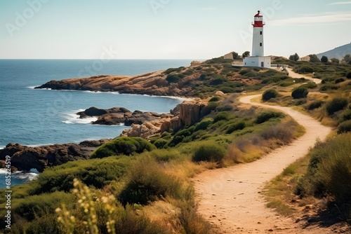 Serene Coastal Landscape with Lighthouse and Pathway Leading to It on Rocky Shoreline Generative AI