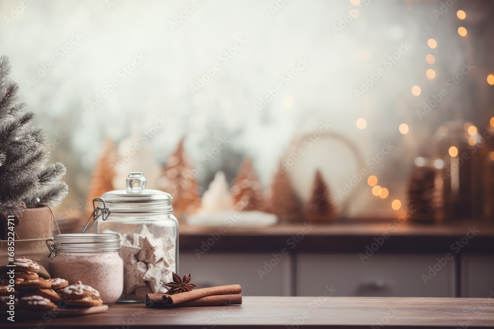 Rustic Christmas Kitchen - A rustic kitchen scene with natural wood, vintage cookware, and handmade Christmas cookies on a wooden table - AI Generated - obrazy, fototapety, plakaty 