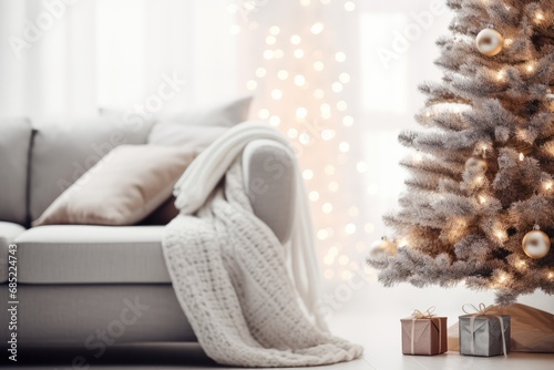 Scandi Style Christmas Coziness - A minimalist living room decorated in Scandinavian style with simple Christmas touches: a small fir tree with wooden ornaments, white and grey soft fur - AI Generated photo