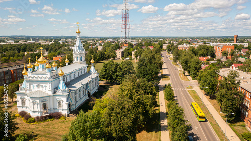 Aerial photo from drone to Daugavpils Orthodox Cathedral of the Holy Martyrs Boris and Gleb on a beautiful sunny summer day. Daugavpils, Latvia, Latgale, Europe photo