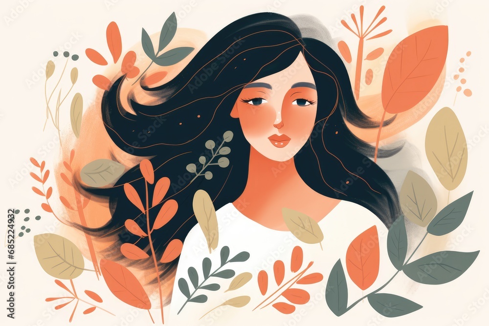 Boho illustration of a girl in a floral environment - AI Generated