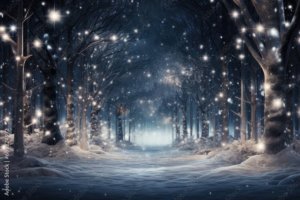 Enchanted Christmas Forest - A magical forest scene at night illuminated by glowing Christmas lights and snowflakes gently falling - AI Generated