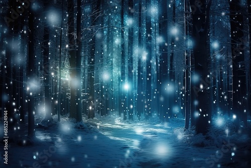 Enchanted Christmas Forest - A magical forest scene at night illuminated by glowing Christmas lights and snowflakes gently falling - AI Generated