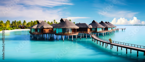 Tropical paradise. Luxury panorama view on Maldives resort on seascape background. Bungalow  villas on beautiful exotic beach on the ocean. Spa  leisure  concept. Honeymoon recreation.Generative ai