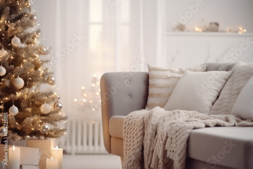 Scandi Style Christmas Coziness - A minimalist living room decorated in Scandinavian style with simple Christmas touches: a small fir tree with wooden ornaments, white and grey soft fur - AI Generated