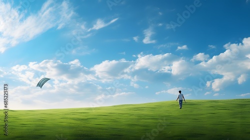 Man enjoying a sunny day flying a colorful kite on a green grassy hill with blue sky and clouds in the background. Generative AI