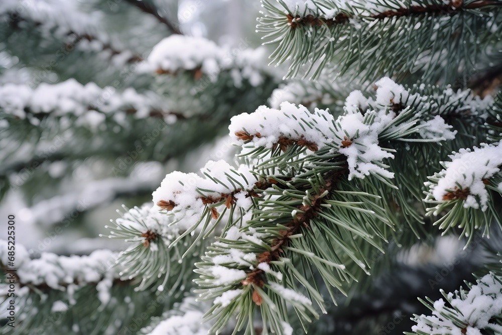 Snow-covered Pine Tree in Winter Forest with Close-up View of Needles and Branches Generative AI Snow-covered Pine Tree in Winter Forest with Close-up View of Needles and Branches Generative AI