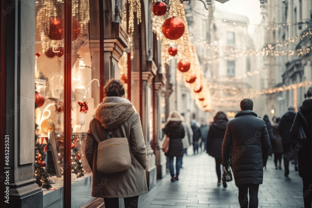 Urban Christmas Shopping - Bustling city street scene with festive holiday window displays and shoppers carrying gift bags - AI Generated