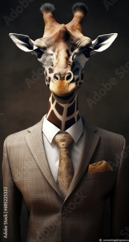 The giraffe is wearing an elegant suit and a nice tie. Stylish portrait of anthropomorphic animals 