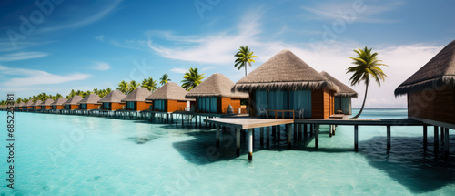 Tropical paradise. Luxury panorama view on Maldives resort on seascape background. Bungalow, villas on beautiful exotic beach on the ocean. Spa, leisure, concept. Honeymoon recreation.Generative ai © Inai