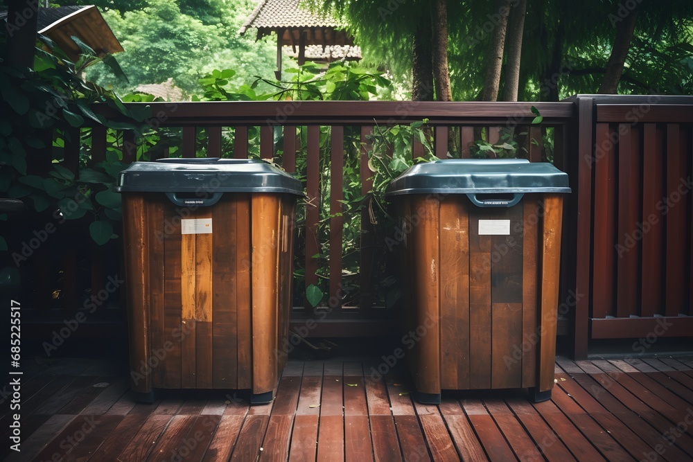 Outdoor Waste Management Two Trash Cans and a Birdhouse on a Wooden Deck Generative AI Outdoor Waste Management Two Trash Cans and a Birdhouse on a Wooden Deck Generative AI