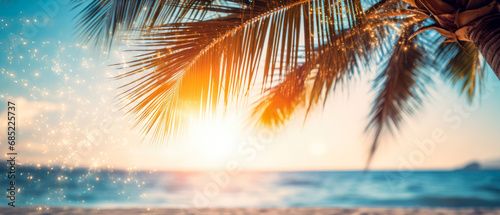 Close up of palm leaves on exotic tropical beach with sunlight, bokeh. View on ocean and coastline. Vacation, leisure mockup, banner. Suny natural background. Generative ai