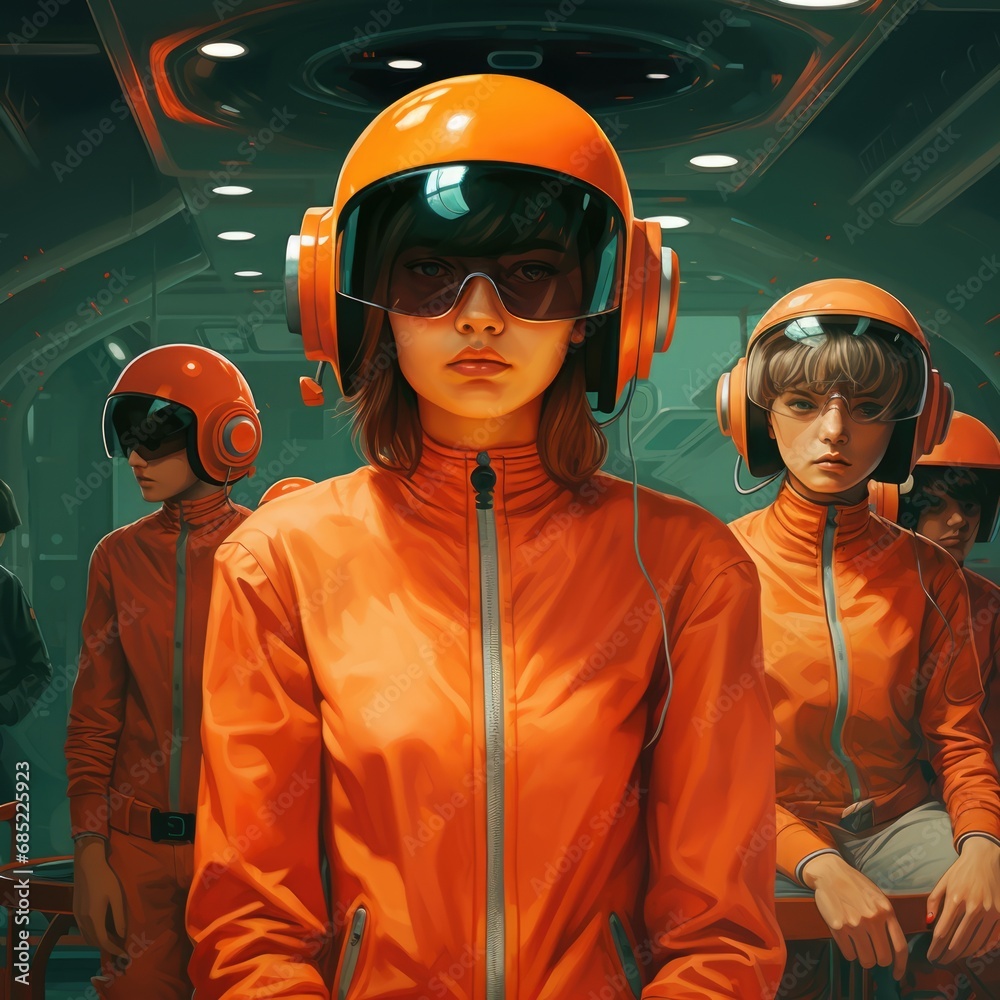 retrofuturism, students their heads adorned with sleek and futuristic helmets retrofuturism, students their heads adorned with sleek and futuristic helmets