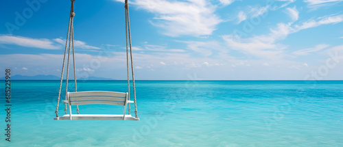 Close up of swing on exotic tropical beach with view on ocean and coastline. Vacation  leisure mockup  banner. Suny natural background. Generative ai