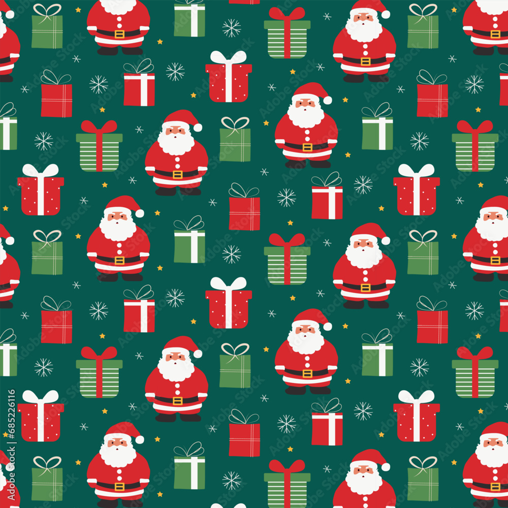 Christmas seamless pattern. Santa, gift, star and snowflake repeat on green background. Colorful holiday cartoon design vector illustration. Christmas seamless pattern. Santa, gift, star and snowflake repeat on green background. Colorful holiday cartoon design vector illustration.