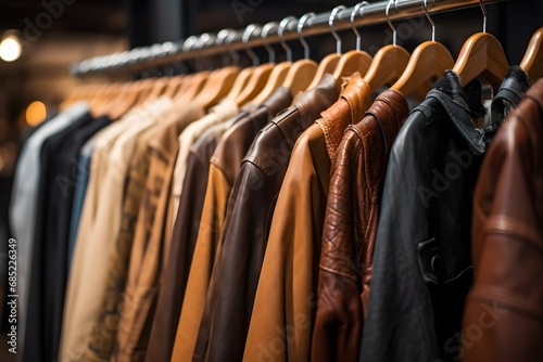 Stylish Leather Jackets on Display A Close-Up of a Rack of Fashionable Outerwear Hanging on a Rail Generative AI photo