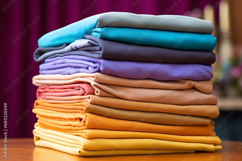 Neatly Folded Colorful Shirts Arranged in a Pile on a Wooden Table for Display or Sale Generative AI Neatly Folded Colorful Shirts Arranged in a Pile on a Wooden Table for Display or Sale Generative AI