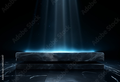 black stone onyx rectangular pedestal stage with blue light and smoke on black background, for product display presentation and advertising, copy space