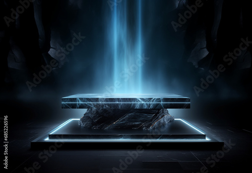 black stone platform podium with blue color light on black background, for product display presentation and advertising, copy space