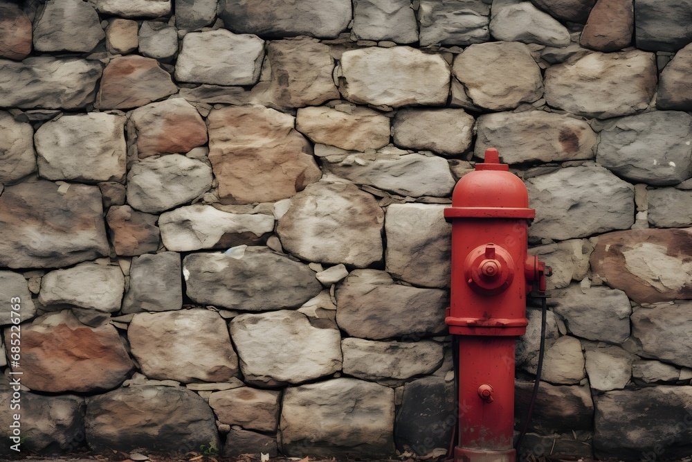 Vibrant Red Fire Hydrant Standing Proudly Next to a Rustic Stone Wall in Urban Setting Generative AI