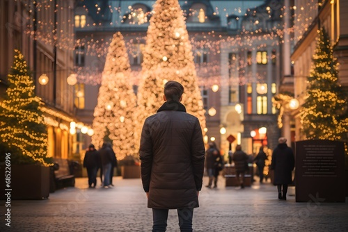 Giraffe in Festive City Setting with Christmas Tree in Background for Holiday Greetings and Decorations Generative AI