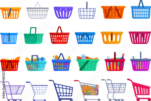 Consumer cart grocery icons set cartoon vector. Shopping plastic product. Retail store