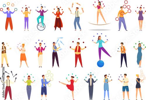 Juggler icons set cartoon vector. Circus trick artist. Ring ball rope