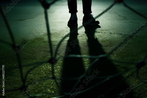 Mysterious figure casts long shadows from behind the fence on a deserted tennis court Generative AI
