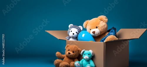 Three Adorable Teddy Bears with a Blue Balloon in a Box - Cute and Playful Toy Collection for Kids Generative AI