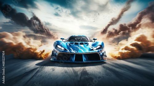 A blue and white racing car in a dramatic drift
